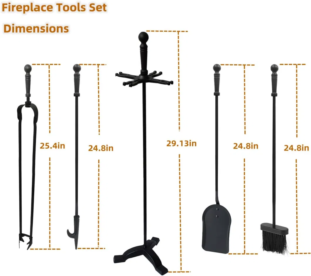 Voda 5 Pieces Fireplace Tools Set 29.13in (74cm) Cast Iron Black Fireplace Accessories for Indoor and Outdoor Fireplace Tool Sets